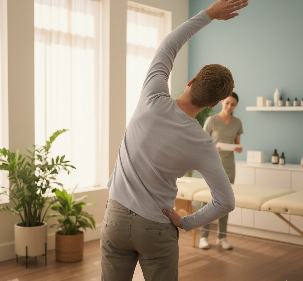 a man gently stretching his arms and hips after an adjustment